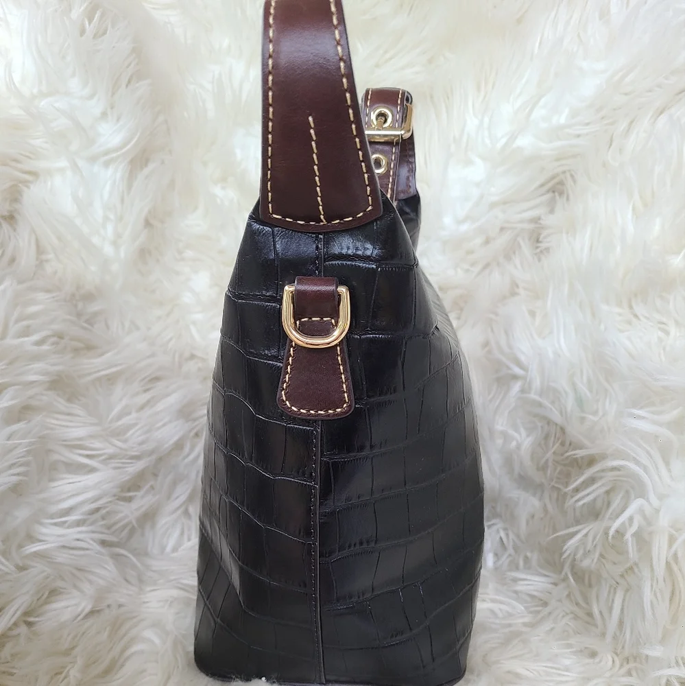 Dooney & Bourke Black Croc-Embossed Leather Hobo with Brown Tassel